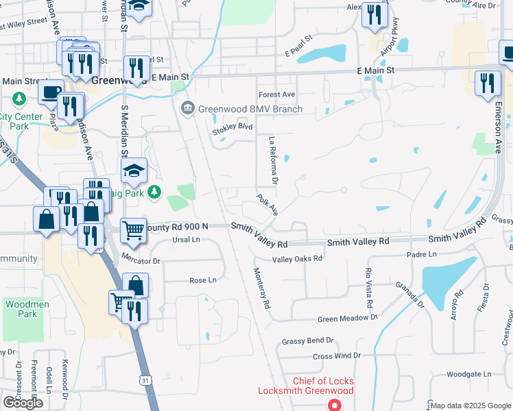 map of restaurants, bars, coffee shops, grocery stores, and more near 465 White House North Drive in Greenwood