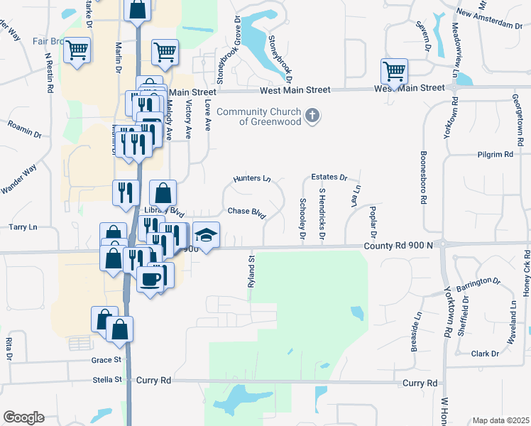 map of restaurants, bars, coffee shops, grocery stores, and more near 1508 Chase Boulevard in Greenwood