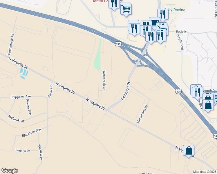 map of restaurants, bars, coffee shops, grocery stores, and more near 103 Westbrook Lane in Reno