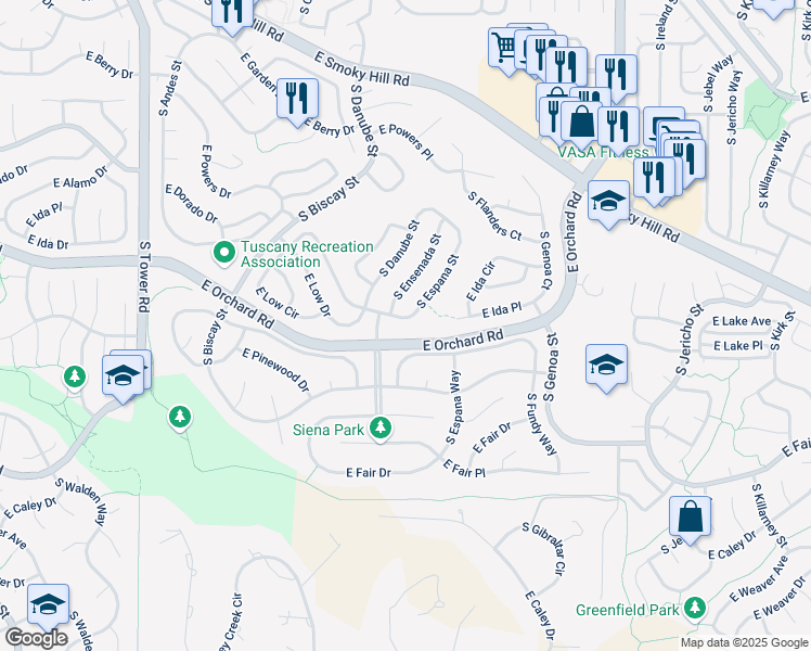 map of restaurants, bars, coffee shops, grocery stores, and more near 5894 South Espana Street in Aurora