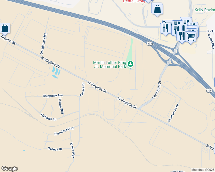 map of restaurants, bars, coffee shops, grocery stores, and more near 9410 North Virginia Street in Reno