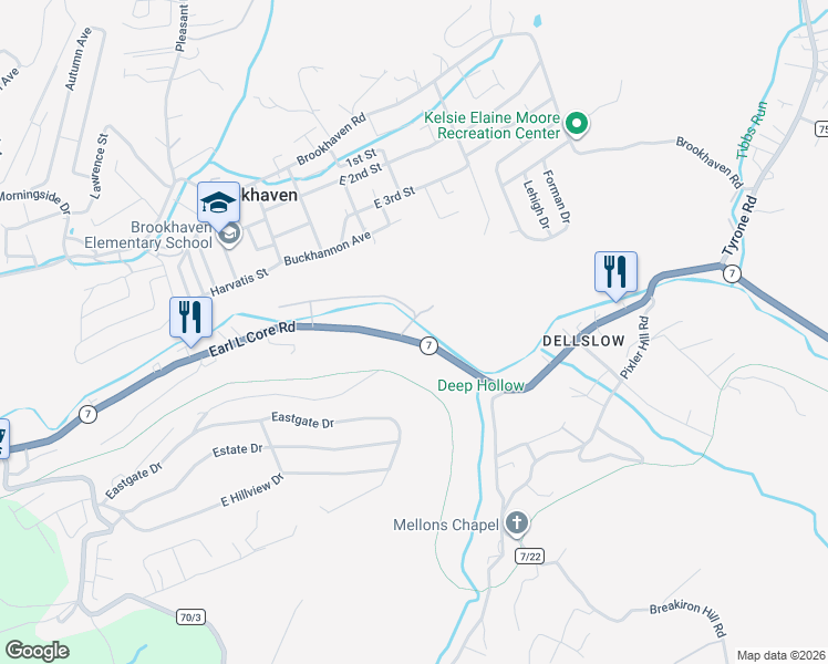 map of restaurants, bars, coffee shops, grocery stores, and more near 3633 Earl L Core Road in Morgantown