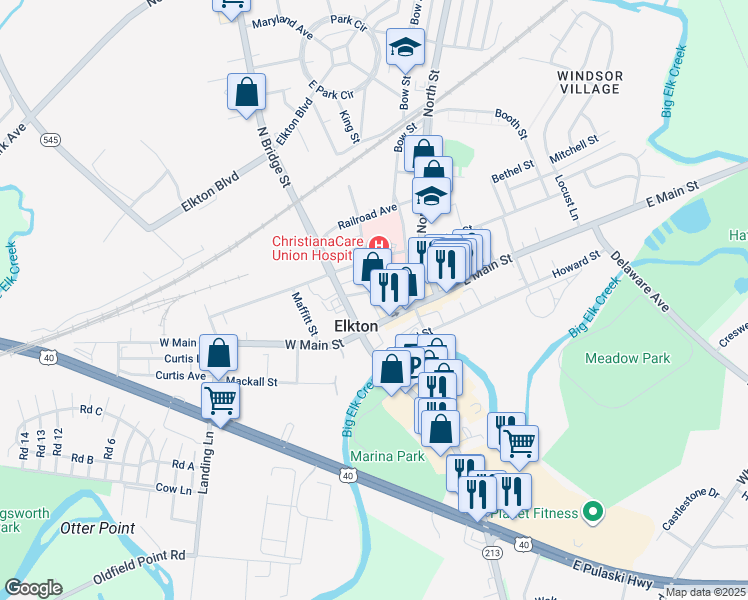 map of restaurants, bars, coffee shops, grocery stores, and more near 138 Cathedral Street in Elkton