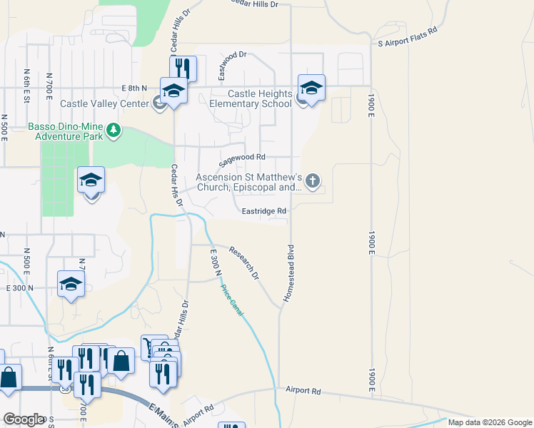 map of restaurants, bars, coffee shops, grocery stores, and more near 1626 Eastridge Road in Price