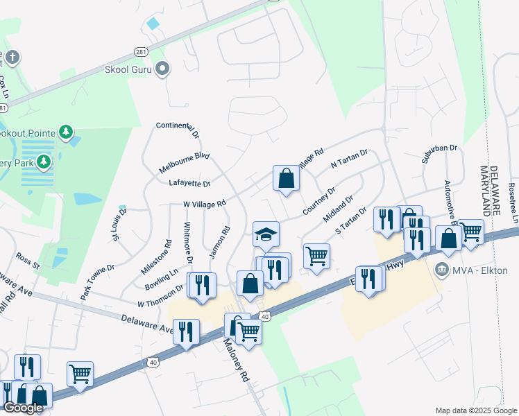 map of restaurants, bars, coffee shops, grocery stores, and more near 151 Courtney Drive in Elkton