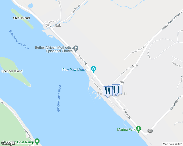 map of restaurants, bars, coffee shops, grocery stores, and more near 101 North Main Street in Port Deposit