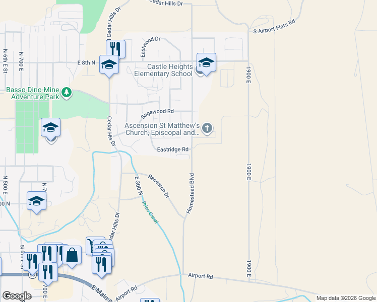map of restaurants, bars, coffee shops, grocery stores, and more near 1684 Eastridge Road in Price