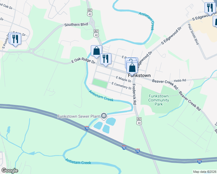 map of restaurants, bars, coffee shops, grocery stores, and more near 205 South Antietam Street in Hagerstown
