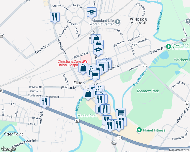 map of restaurants, bars, coffee shops, grocery stores, and more near 121 West Main Street in Elkton