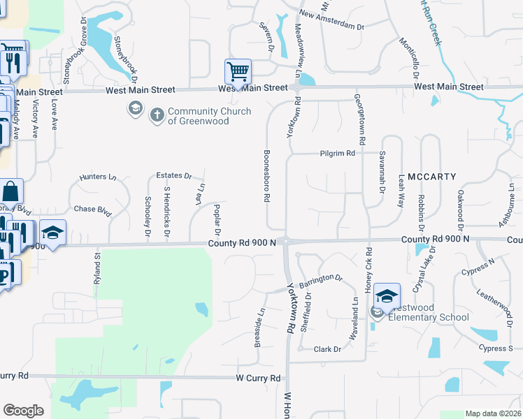 map of restaurants, bars, coffee shops, grocery stores, and more near 616 Boonesboro Road in Greenwood