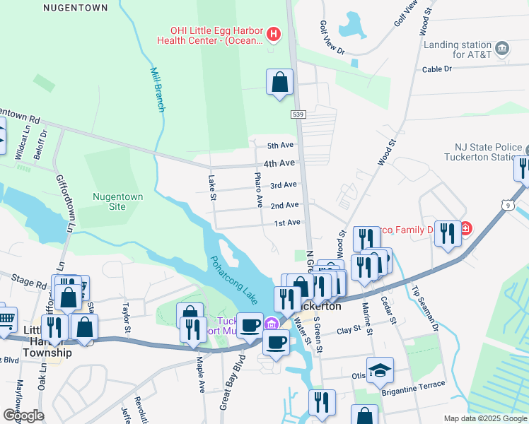 map of restaurants, bars, coffee shops, grocery stores, and more near 129 1st Avenue in Tuckerton
