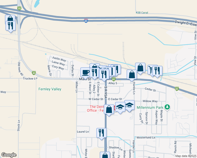 map of restaurants, bars, coffee shops, grocery stores, and more near 50 Main Street in Fernley