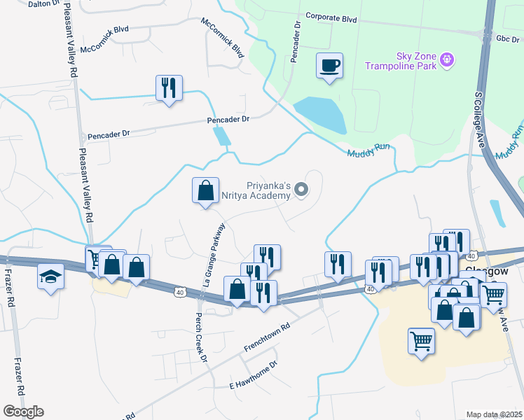 map of restaurants, bars, coffee shops, grocery stores, and more near La Grange Parkway in Glasgow