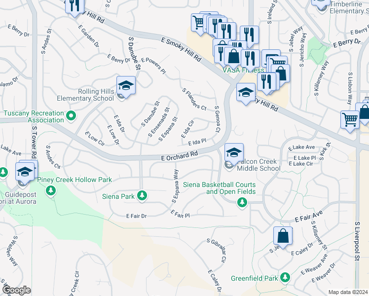 map of restaurants, bars, coffee shops, grocery stores, and more near 19606 East Ida Place in Aurora