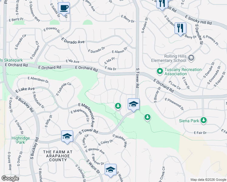 map of restaurants, bars, coffee shops, grocery stores, and more near 6017 South Walden Court in Aurora