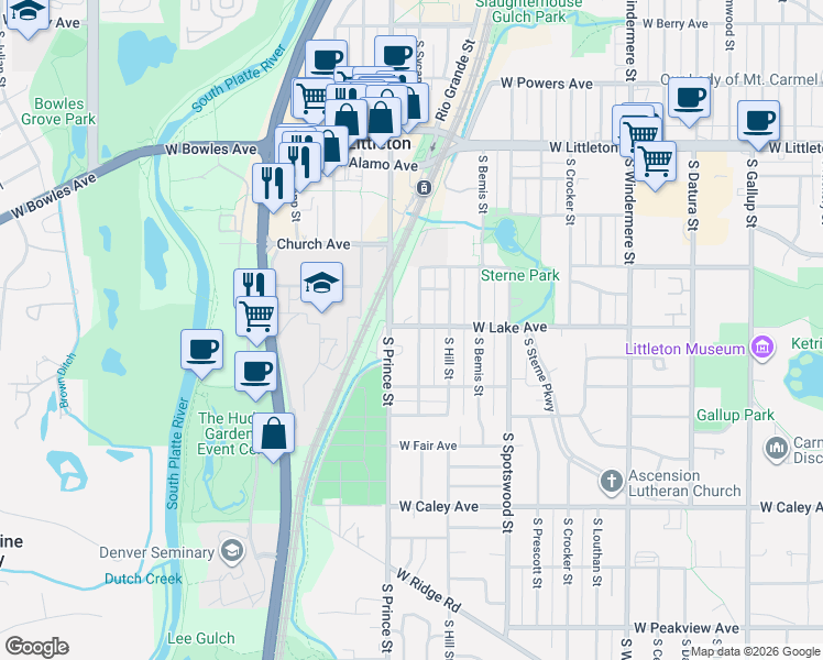 map of restaurants, bars, coffee shops, grocery stores, and more near 6016 South Sycamore Street in Littleton