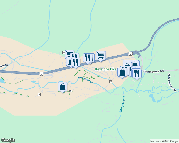 map of restaurants, bars, coffee shops, grocery stores, and more near 72 Oro Grande Road in Keystone
