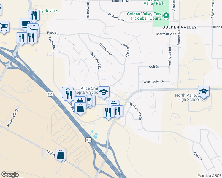map of restaurants, bars, coffee shops, grocery stores, and more near 7140 Souverain Lane in Reno