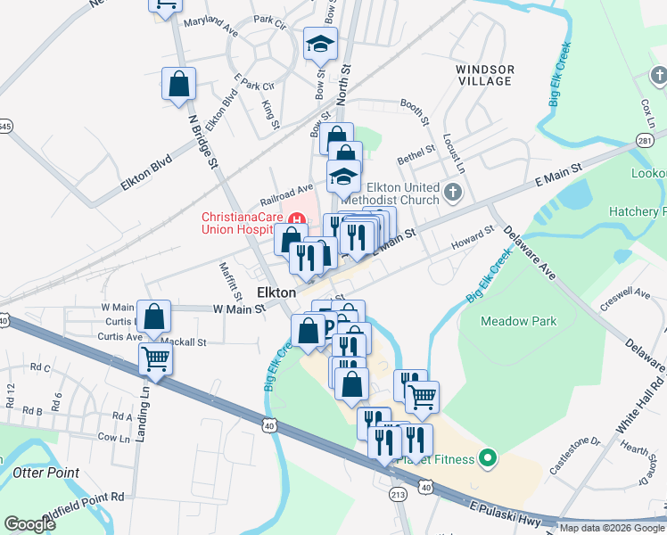 map of restaurants, bars, coffee shops, grocery stores, and more near 121 West Main Street in Elkton