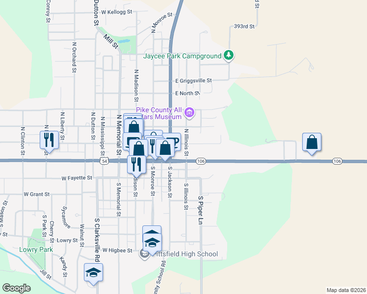 map of restaurants, bars, coffee shops, grocery stores, and more near 301-399 East Adams Street in Pittsfield