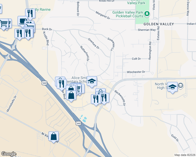 map of restaurants, bars, coffee shops, grocery stores, and more near 7140 Souverain Lane in Reno