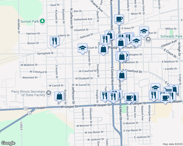 map of restaurants, bars, coffee shops, grocery stores, and more near 401-449 Alexander Street in Paris