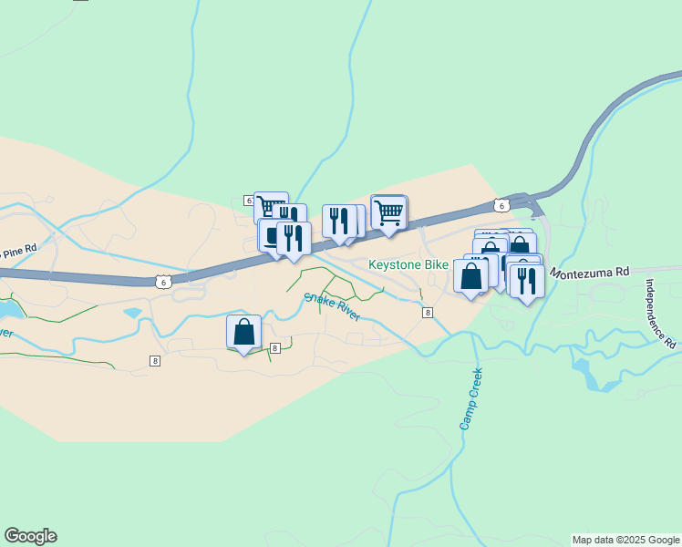 map of restaurants, bars, coffee shops, grocery stores, and more near 72 Oro Grande Road in Keystone
