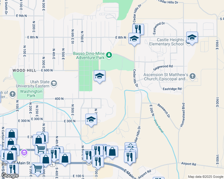 map of restaurants, bars, coffee shops, grocery stores, and more near 750 E 400 N in Price