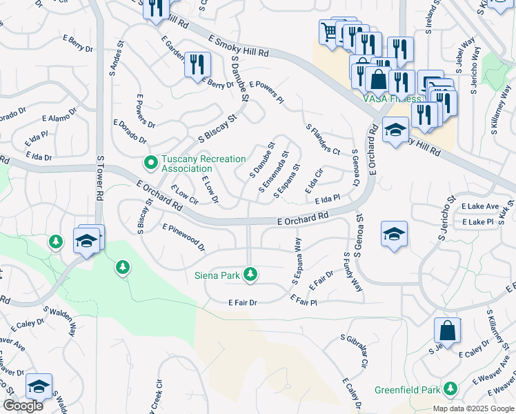 map of restaurants, bars, coffee shops, grocery stores, and more near 5894 South Espana Street in Aurora