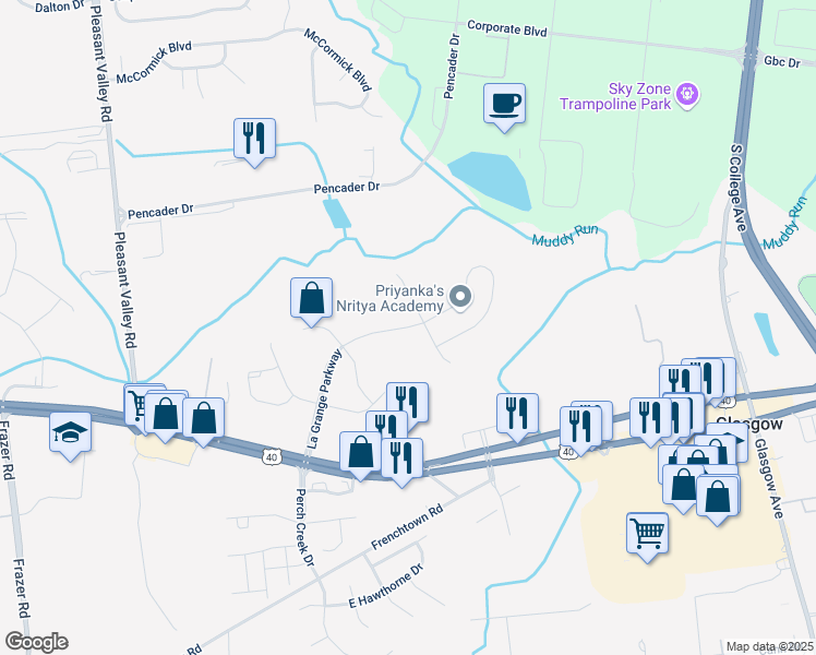 map of restaurants, bars, coffee shops, grocery stores, and more near La Grange Parkway in Glasgow