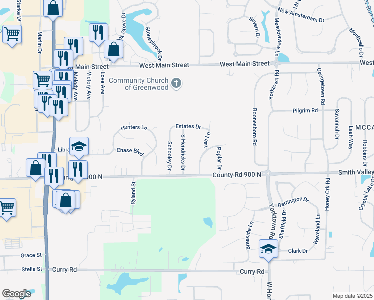 map of restaurants, bars, coffee shops, grocery stores, and more near 488 Green Valley Drive in Greenwood