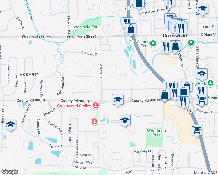 map of restaurants, bars, coffee shops, grocery stores, and more near 716 Orchard Ln in Greenwood