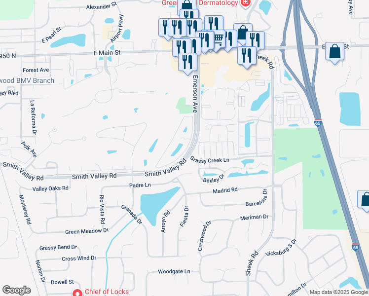 map of restaurants, bars, coffee shops, grocery stores, and more near 626 Nicole Drive in Greenwood