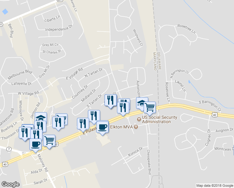 map of restaurants, bars, coffee shops, grocery stores, and more near 106 Danford Drive in Elkton
