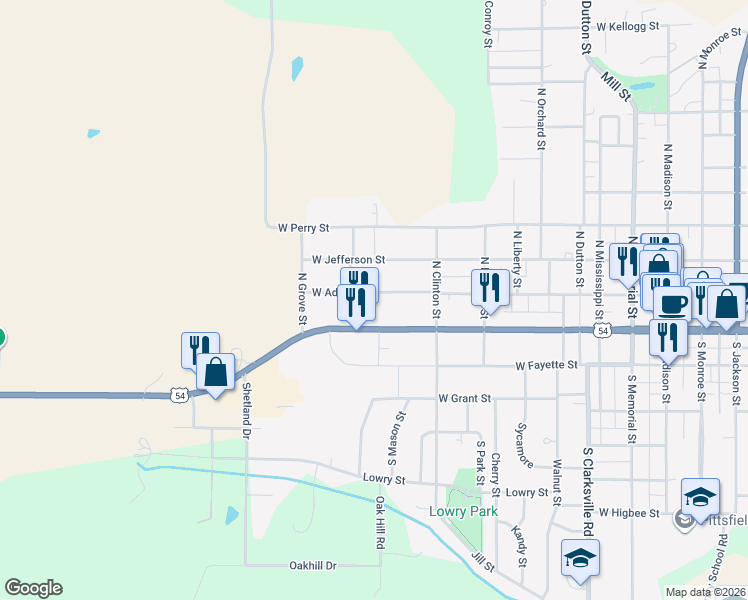 map of restaurants, bars, coffee shops, grocery stores, and more near 701-951 West Adams Street in Pittsfield