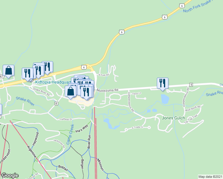 map of restaurants, bars, coffee shops, grocery stores, and more near 381 Montezuma Road in Dillon