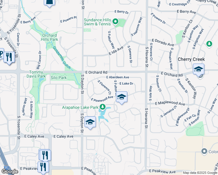 map of restaurants, bars, coffee shops, grocery stores, and more near 6091 South Emporia Circle in Englewood