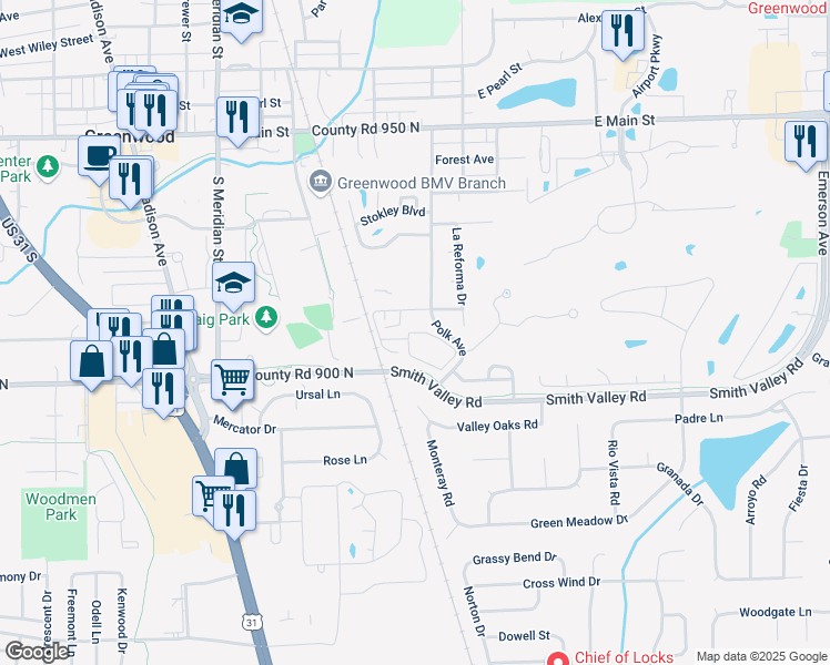 map of restaurants, bars, coffee shops, grocery stores, and more near 465 White House North Drive in Greenwood