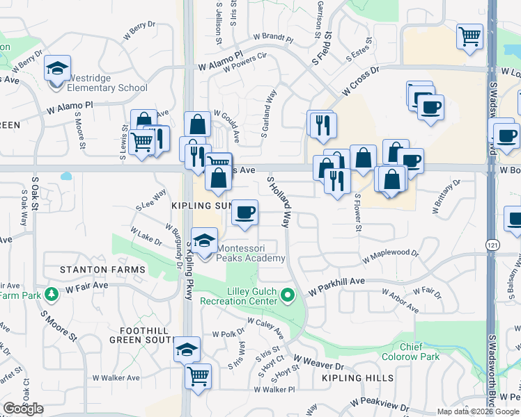 map of restaurants, bars, coffee shops, grocery stores, and more near 9581 West Lake Avenue in Littleton