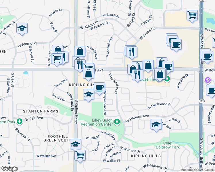 map of restaurants, bars, coffee shops, grocery stores, and more near 9561 West Lake Avenue in Littleton