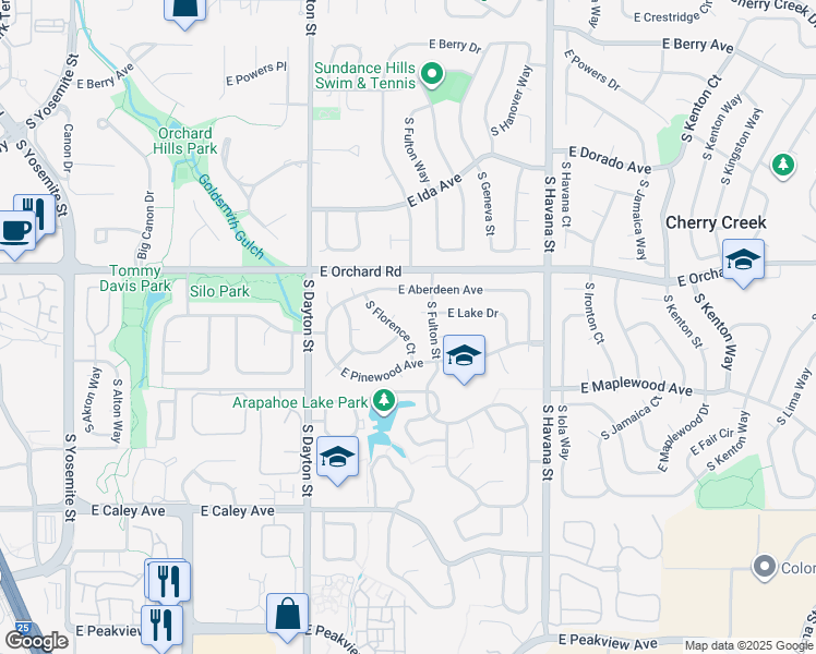 map of restaurants, bars, coffee shops, grocery stores, and more near 6091 South Emporia Circle in Englewood