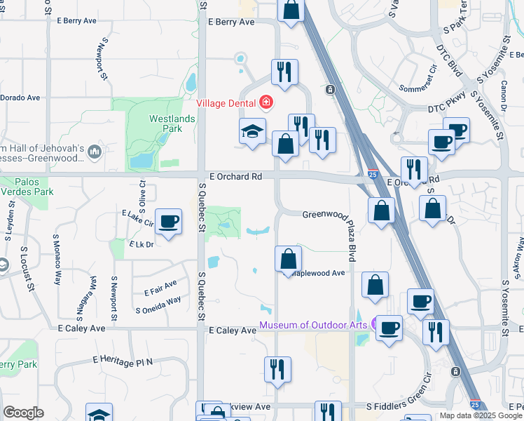 map of restaurants, bars, coffee shops, grocery stores, and more near 7600 East Orchard Road in Greenwood Village