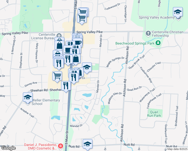 map of restaurants, bars, coffee shops, grocery stores, and more near 107 Marco Lane in Dayton