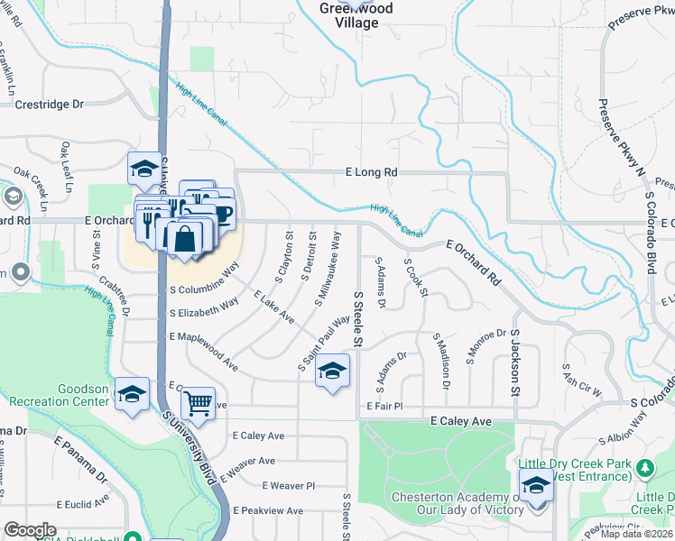 map of restaurants, bars, coffee shops, grocery stores, and more near 5954 South Milwaukee Way in Centennial