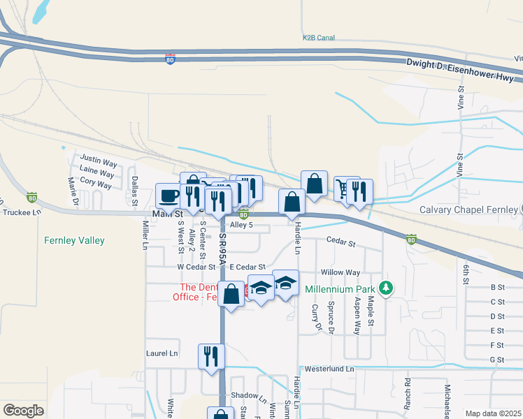 map of restaurants, bars, coffee shops, grocery stores, and more near 150 East Main Street in Fernley