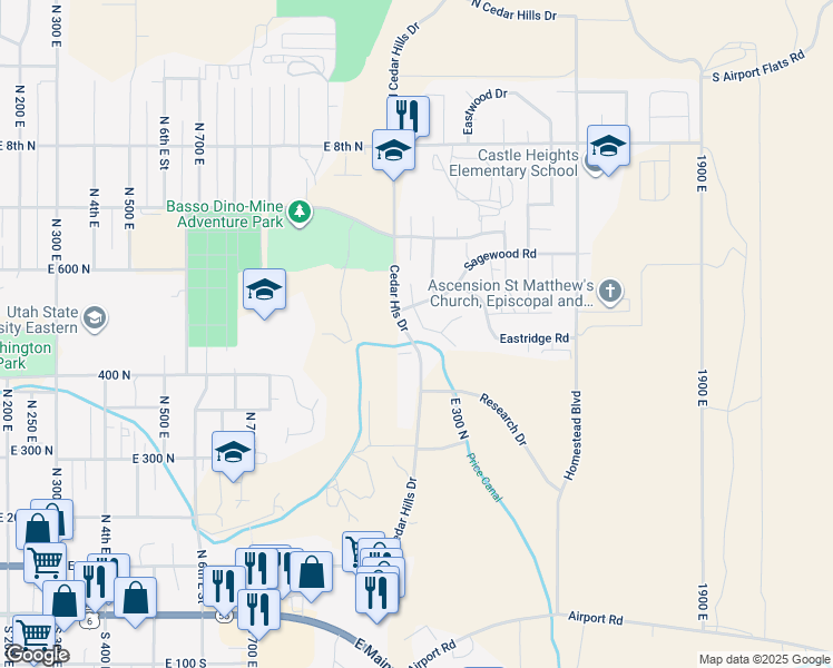 map of restaurants, bars, coffee shops, grocery stores, and more near 515 North Cottonwood Road in Price