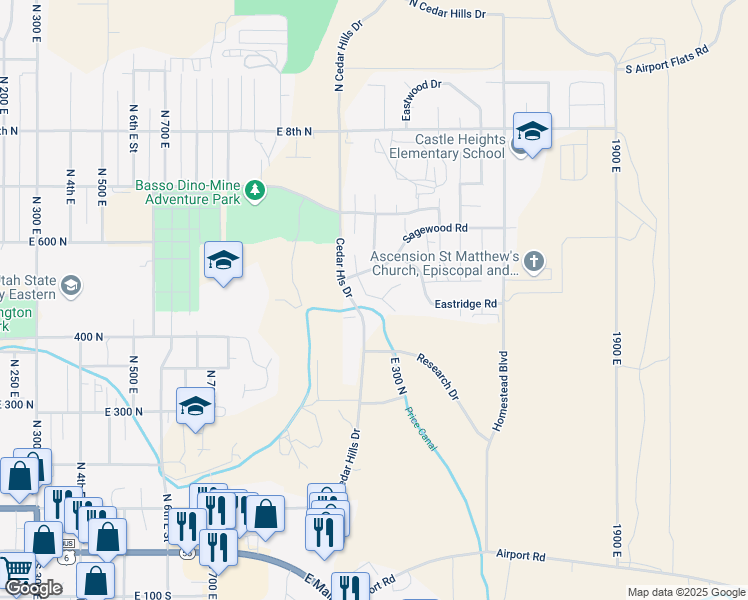 map of restaurants, bars, coffee shops, grocery stores, and more near 515 North Cottonwood Road in Price