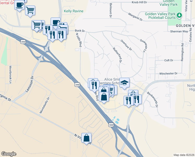 map of restaurants, bars, coffee shops, grocery stores, and more near 7129 Mustengo Drive in Reno