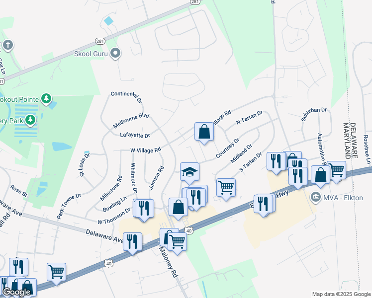 map of restaurants, bars, coffee shops, grocery stores, and more near 151 Courtney Drive in Elkton