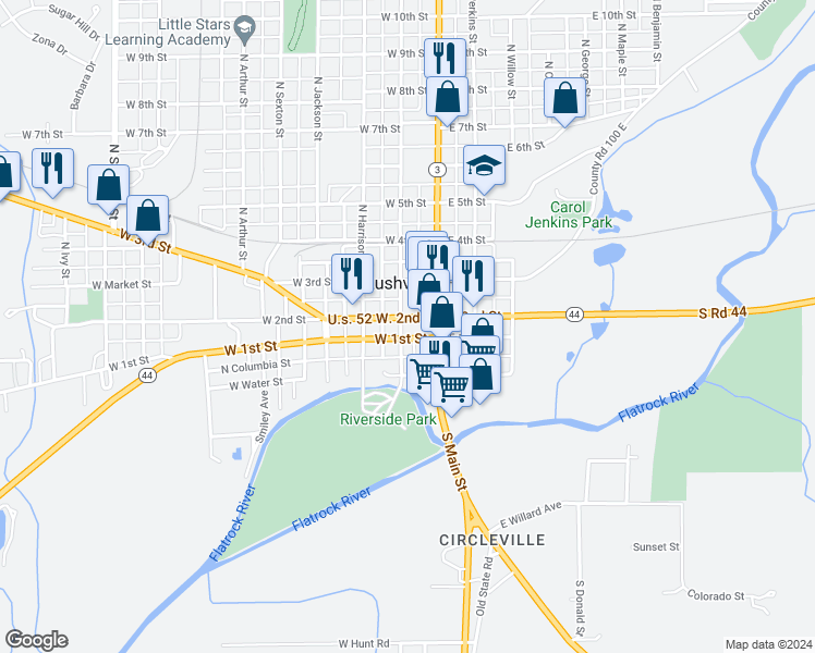 map of restaurants, bars, coffee shops, grocery stores, and more near 133 West 1st Street in Rushville